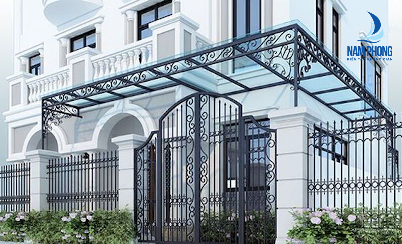 Mái hiên kính cường lực khung sắt sáng trọng