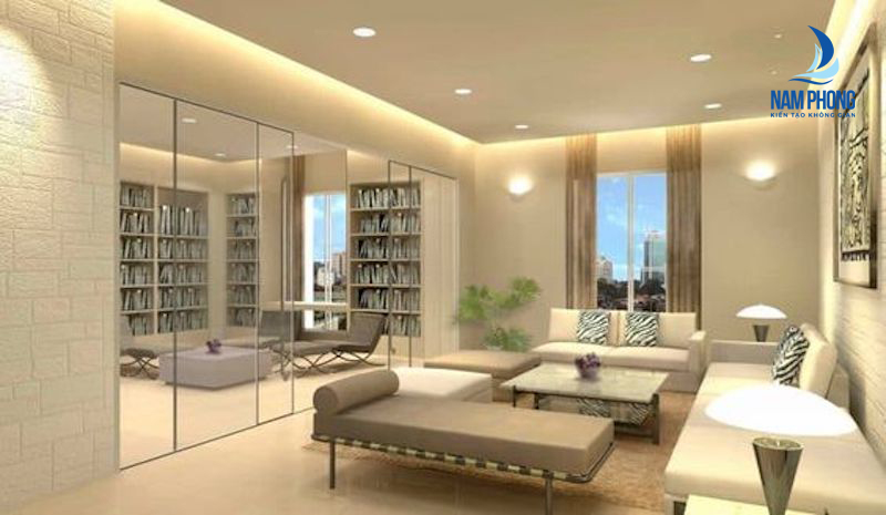 vách kính ngăn phòng khách với phòng ngủ