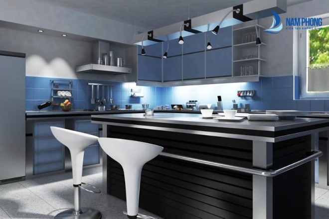 Mẫu kính ốp bếp xanh đen sang trọng