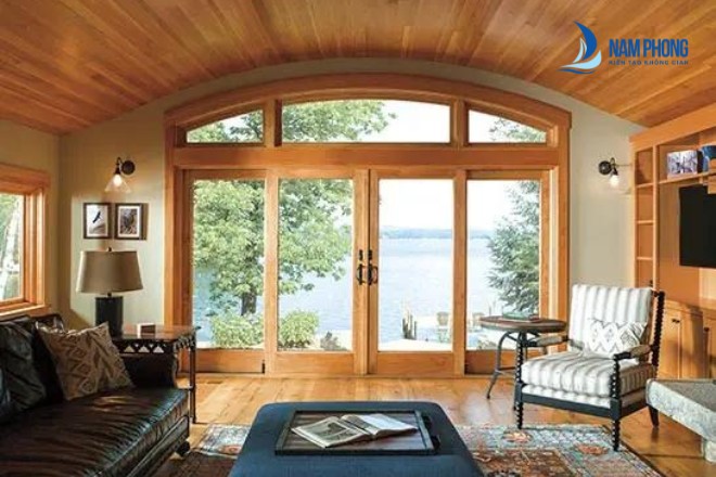 Mẫu cửa kính phòng khách khung gỗ phong cách tối giản