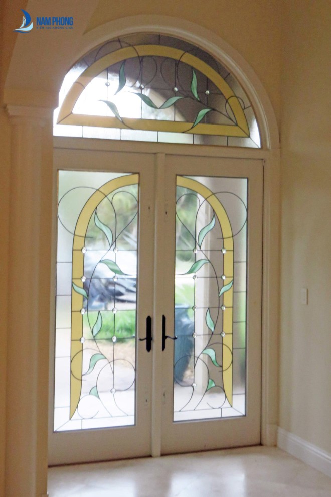 Mẫu cửa kính tranh 3d hoa lá cho phòng khách