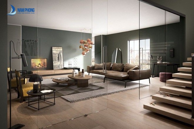 Vách kính phòng khách không khung sang trọng