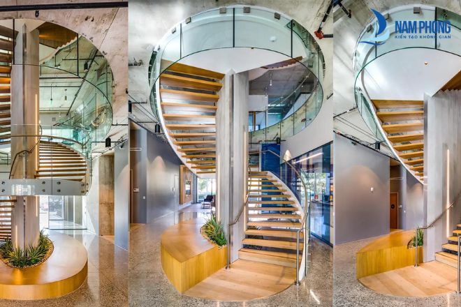 Mẫu cầu thang uốn cong tạo điểm nhấn ấn tượng