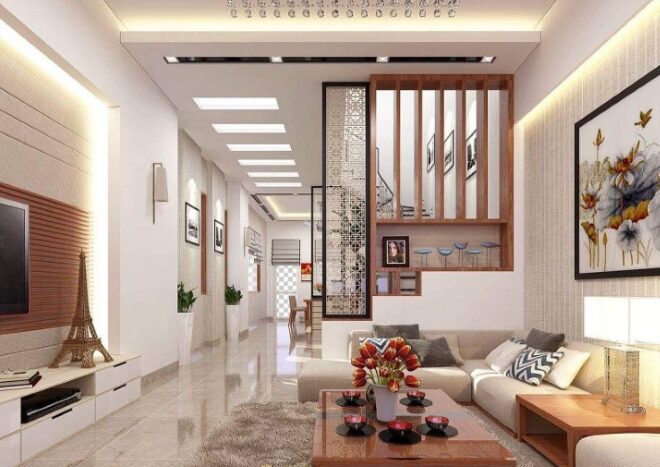 Mẫu vách ngăn cầu thang tam cấp trẻ trung, mới mẻ