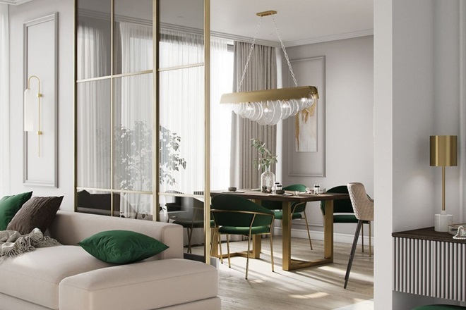 Vách ngăn bằng kính viền vàng tối giản