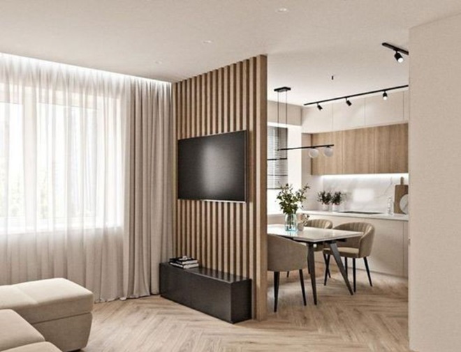 Vách ngăn phòng khách và bếp bằng gỗ đơn giản