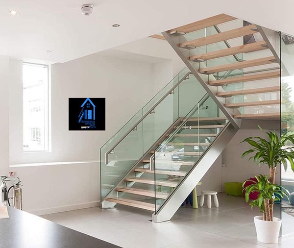 Mẫu cầu thang kính cường lực tay vịn inox