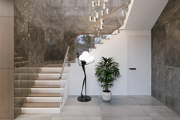 Mẫu cầu thang kính cường lực có giếng trời đẹp